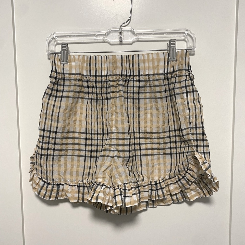 Ganni Seersucker Frilled Checked Mini Shorts